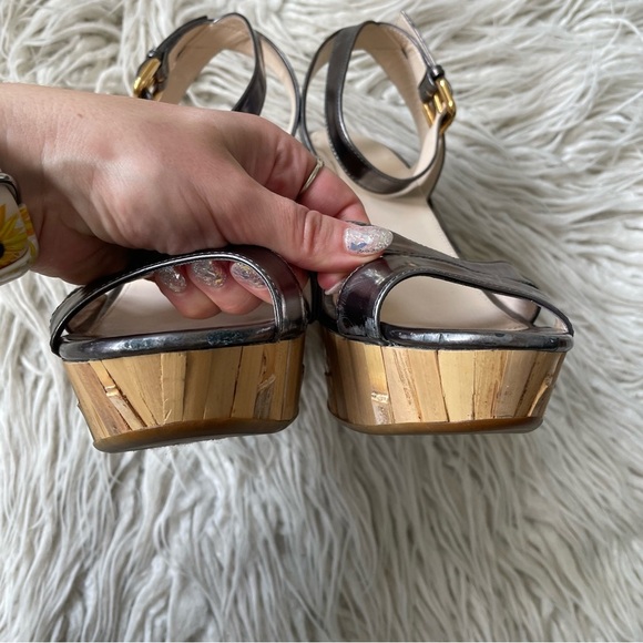 Prada Metallic Silver Pewter Patent Leather Bamboo Wedge Ankle Strap Sandals 39 - Picture 9 of 13